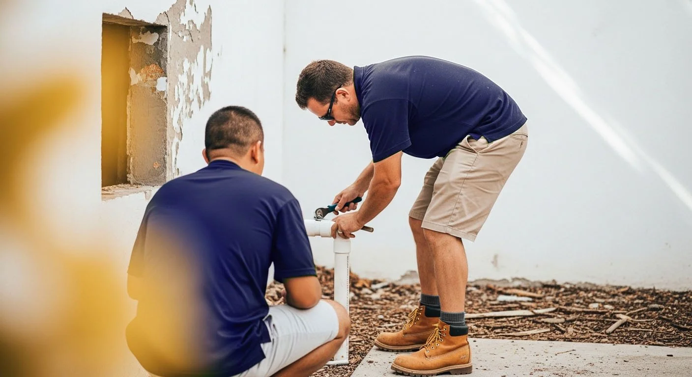 Two trades people working on a plumbing pipe outside a house, one standing and the other kneeling, both wearing navy shirts.