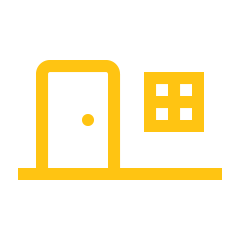 Yellow icon of a door and window, representing window and door installation, repair, and replacement services.