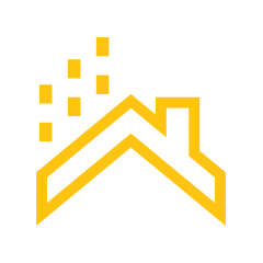 Yellow roofline icon with chimney and pixel-style tiles above, representing roofing services and structural home repairs.