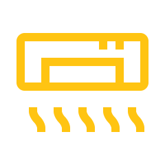Yellow air conditioner icon with wavy lines indicating airflow, representing residential and commercial air con services.