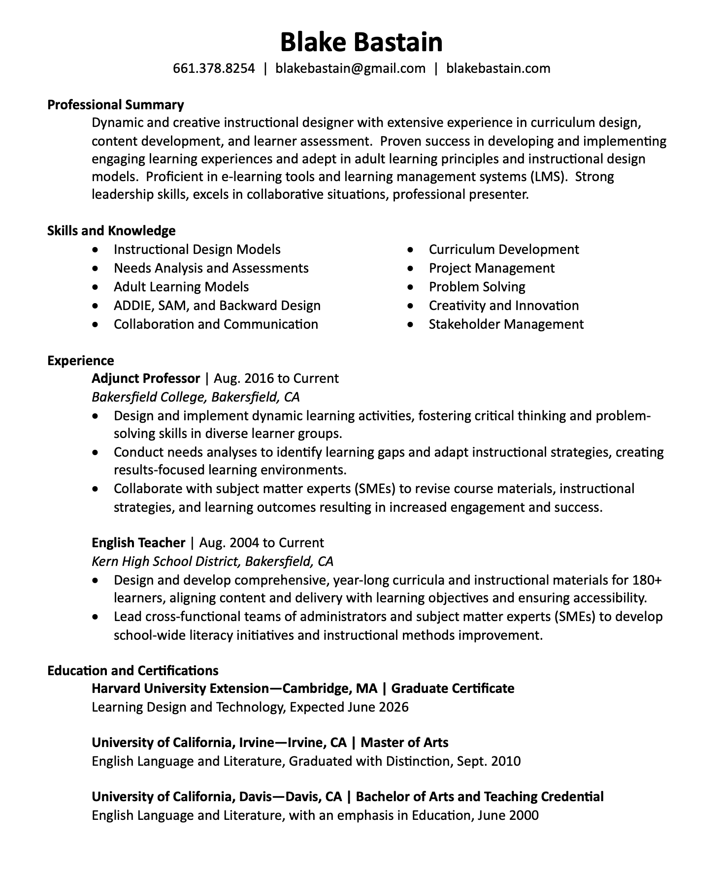 Resume of Blake Bastain showing contact info, professional summary, skills, experience, education, and certifications.