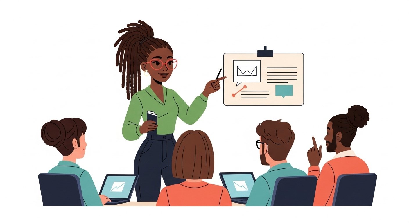 A woman standing and presenting to a group of four people seated at a table with laptops. The presenter is holding a phone and pointing at a screen with graphs and text.