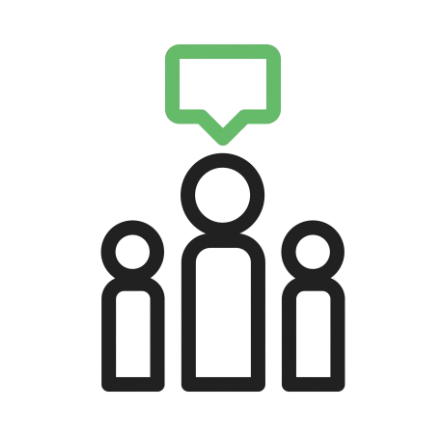 Icon of three people with a green speech bubble above the middle person