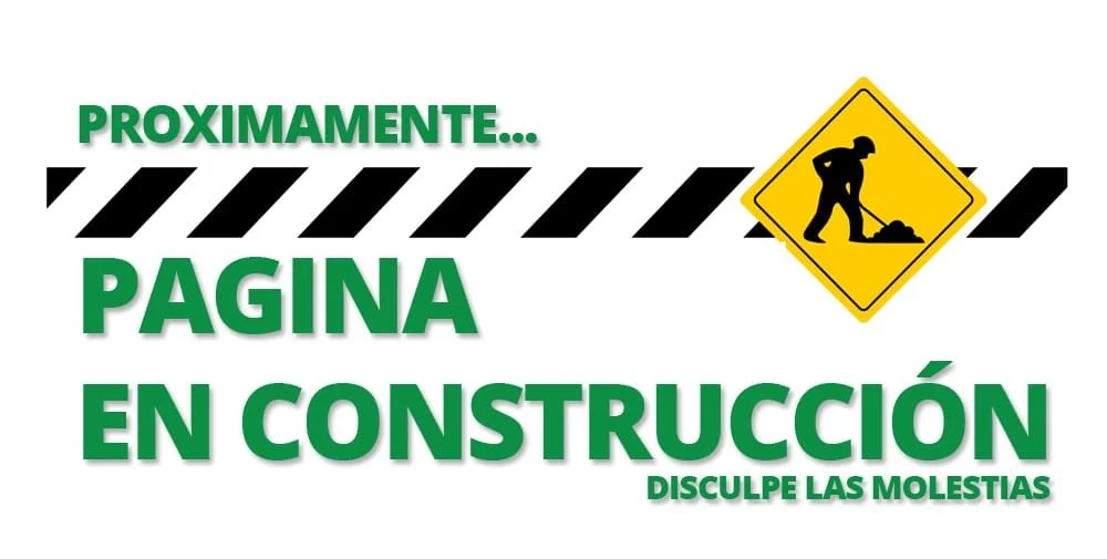Aviso de página en construcción con texto en verde y negro, símbolo de construcción con trabajador con pala.