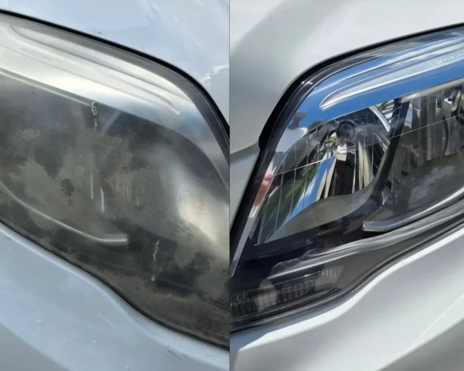 Comparison of a car headlight before and after cleaning, showing the headlight on the left dirty and cloudy, and the headlight on the right clear and shiny.