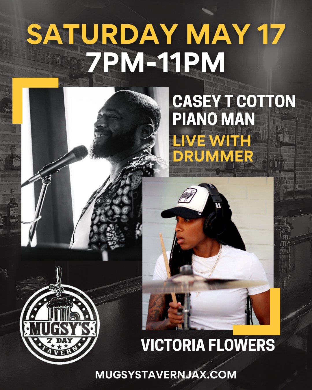 🎹🥁 Live music vibes are back! Don’t miss Casey T Cotton – Piano Man LIVE with drummer Victoria Flowers at Mugsy’s!
📅 Saturday, May 17
⏰ 7–11PM
🍸 Good drinks. Better people. Best Nights.
#LiveAtMugsys #CaseyTCotton #Piano