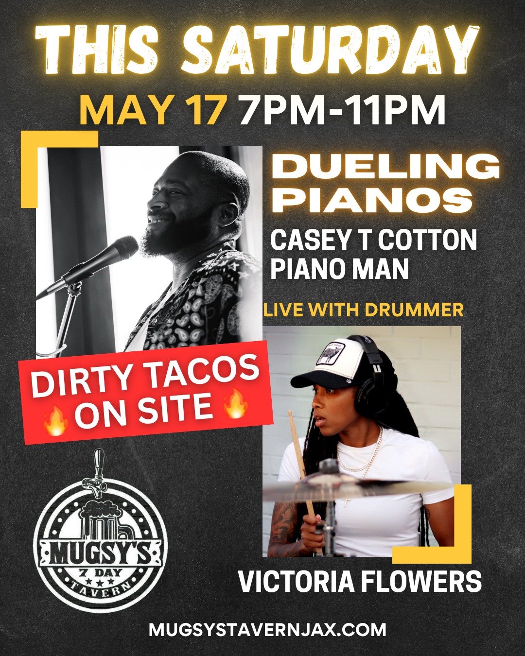 🎹🔥 DUELING PIANOS is BACK this Saturday 7–11PM! 🔥🎹
Get ready for an electric night with 🎤 Casey T Cotton on piano + 🥁 Victoria Flowers on drums bringing the energy all night long!
🌮 Dirty Tacos on site
🍸 Ice-cold drinks flowing
🎉 Goo
