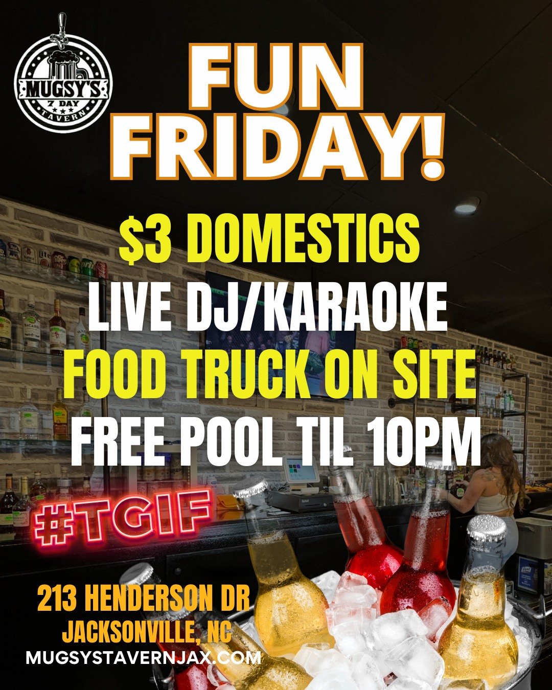 🎉 Fun Friday at Mugsy's! 🎉
$3 Domestics 🍻 | Live DJ + Karaoke 🎤 | Food Truck Grub 🍔 | Free Pool ‘til 10pm 🎱
Come for the vibes, stay for the party! #FridaysAtMugsys #gooddrinksbetterpeople .
.
.
.
#JacksonvilleNC #MugsysTavern #GrandOpeni