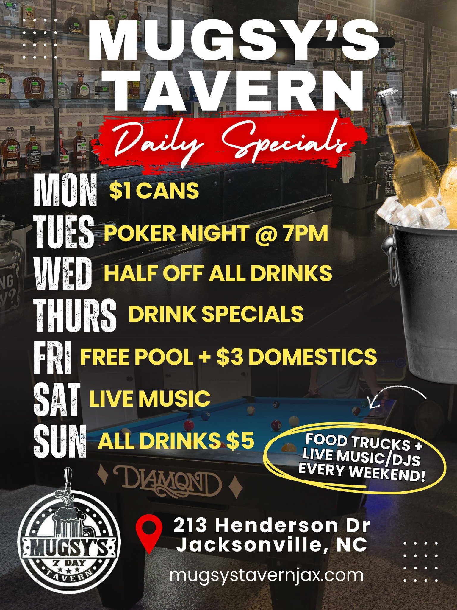 🎉 Weekly Specials at Mugsy’s Tavern! 🎉
Jacksonville’s go-to spot for nightly drink deals & good vibes 🍻
🗓 Mon–Thurs: 5PM–12AM
• $1 Cans • Poker Night • ½ Off Drinks • All-Night Specials
🗓