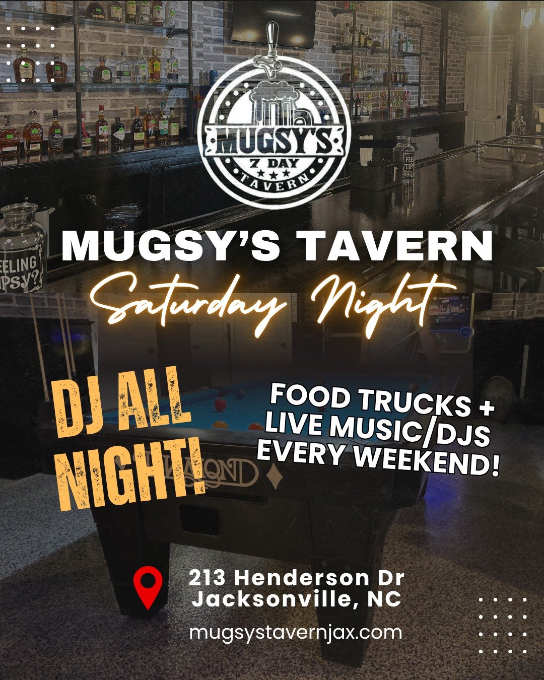 Celebrate the weekend with us at Mugsy’s — live music, great drinks, and your favorite people 👍
📍 213 Henderson Dr Jacksonville, NC
➡️ mugsystavernjax.com
#JacksonvilleNC #MugsysTavern #GrandOpening #NCBars #VisitJacksonvilleNC #Supp