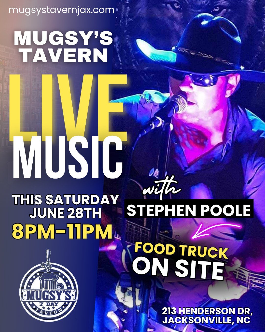 Saturday night is ON 🔥🎶 Catch Stephen Poole LIVE at Mugsy’s from 8–11pm, plus a killer food truck on site serving up the flavor. Cold drinks, live jams, and late night vibes—you don’t wanna miss it! 🎸 #SaturdayNightLive #Mu
