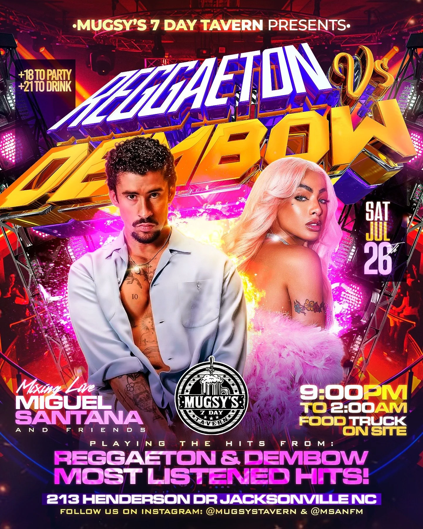 🎉 Reggaeton vs. Dembow Night at Mugsy's! 🔥
Get ready for a high-energy night of non-stop Latin beats at Mugsy's 7 Day Tavern on Saturday, July 26! We're turning up the volume with a battle of the genres — Reggaeton vs. Dembow — featurin