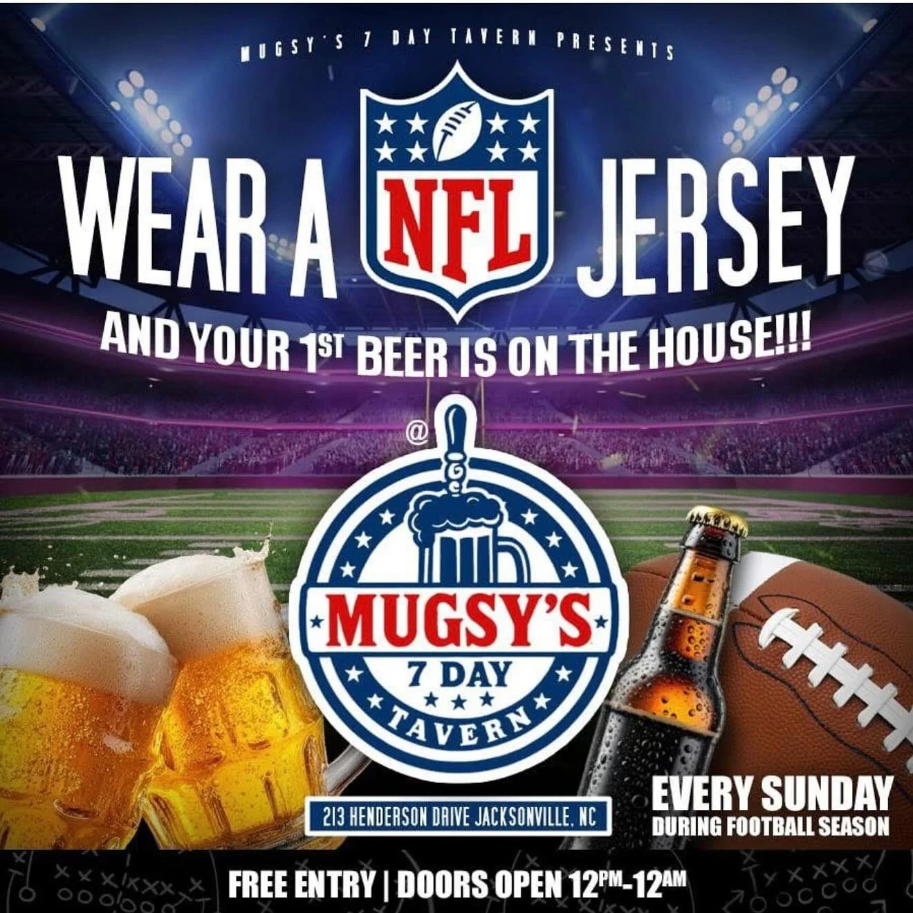 🏈 Sunday is for Football 🏈. Wear your NFL Jersey and your first beer is on the house…. Showing all games all day, being your crew to Mugsy’s and cheer on your team!! Poor Tables, Dart Boards, Music, Food… Sundays don’t get