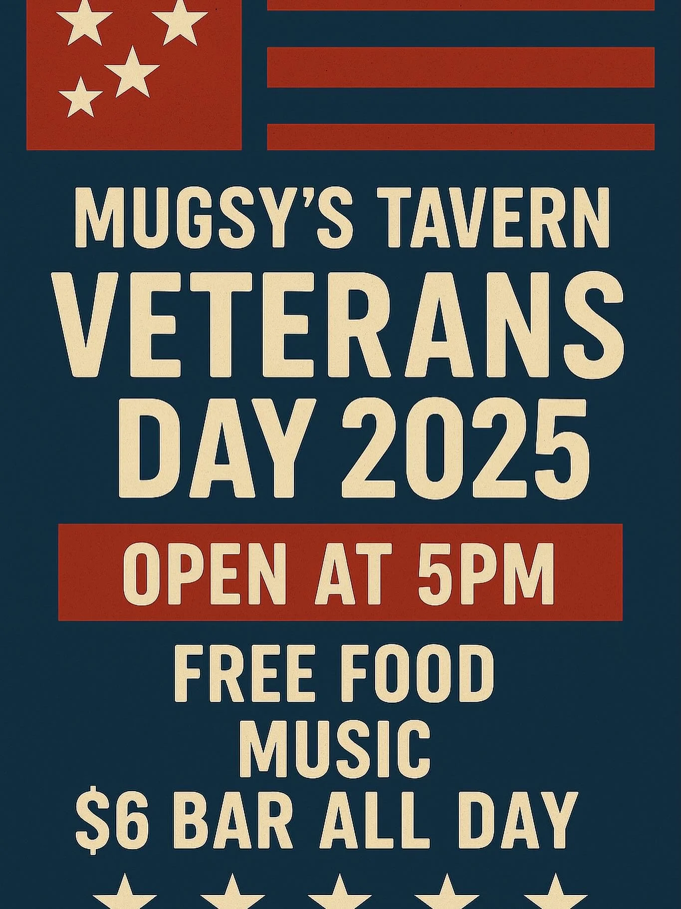 🇺🇸 Veterans Day at Mugsy&rsquo;s! 🇺🇸
We&rsquo;re honoring our heroes this Monday night &mdash; come out and celebrate with us!
🎶 Music &bull; 🍔 Free Food &bull; 🍻 $6 Bar All Night
Let&rsquo;s raise a glass to those who served! 💪
📍213 Henders