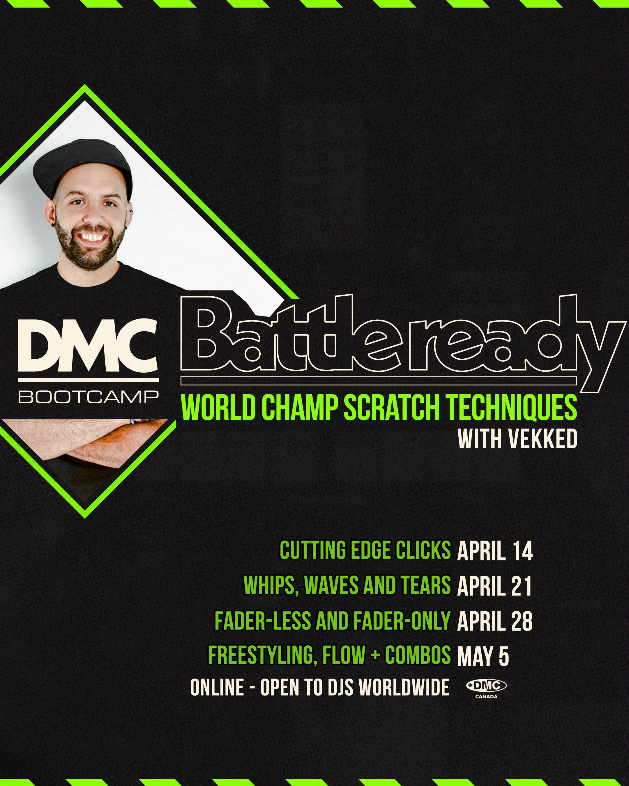 Promotional poster for DMC Bootcamp titled 'Bootkreatory' featuring DJ Vekked, offering world champ scratch techniques with scheduled online classes from April 14 to May 5, with the schedule details in green and white text on a black background.