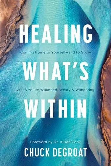 Book cover titled 'Healing What's Within' by Chuck DeGroat, with a blue and brown abstract background.