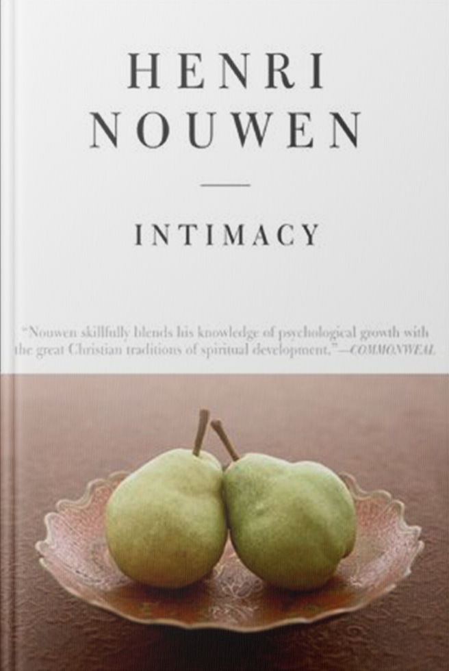 Book cover titled "Intimacy" by Henri Nouwen with an image of two green pears on a decorative plate.