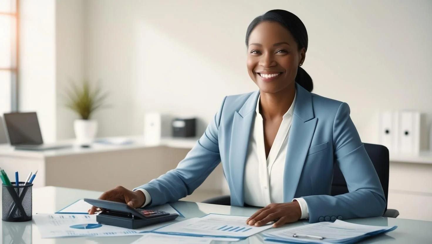 Beautiful young black woman wearing a sky blue dress suit.