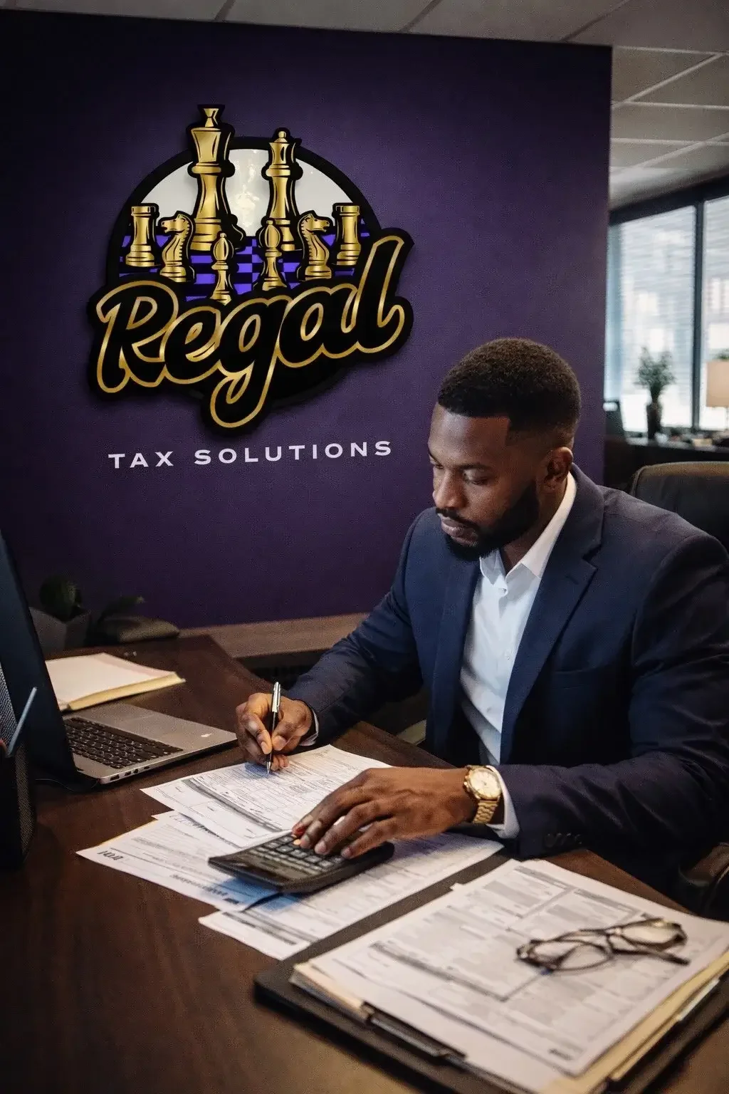 Young black man wearing a suite writing on a notepad at a desk located at "Regal Tax Solutions" offices.