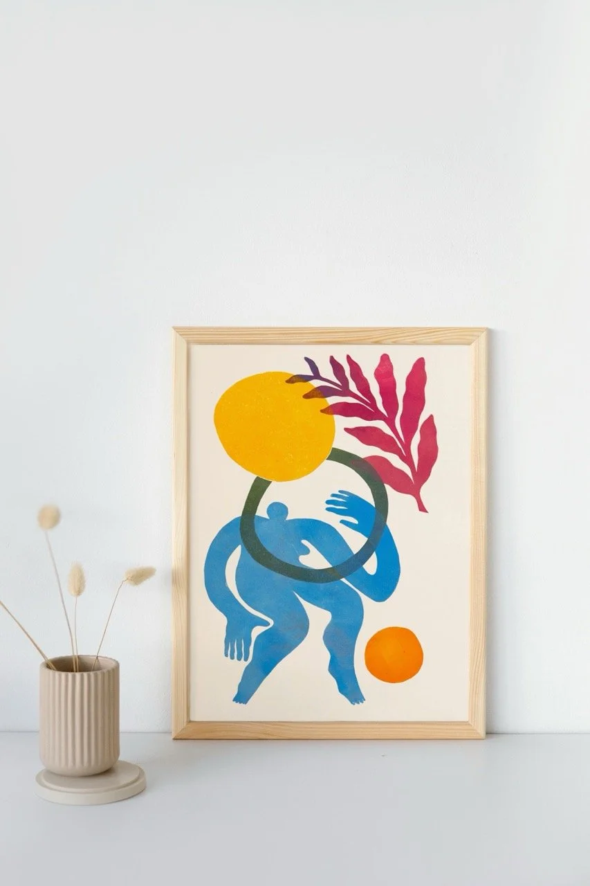 Blue horizon print shown in wood frame