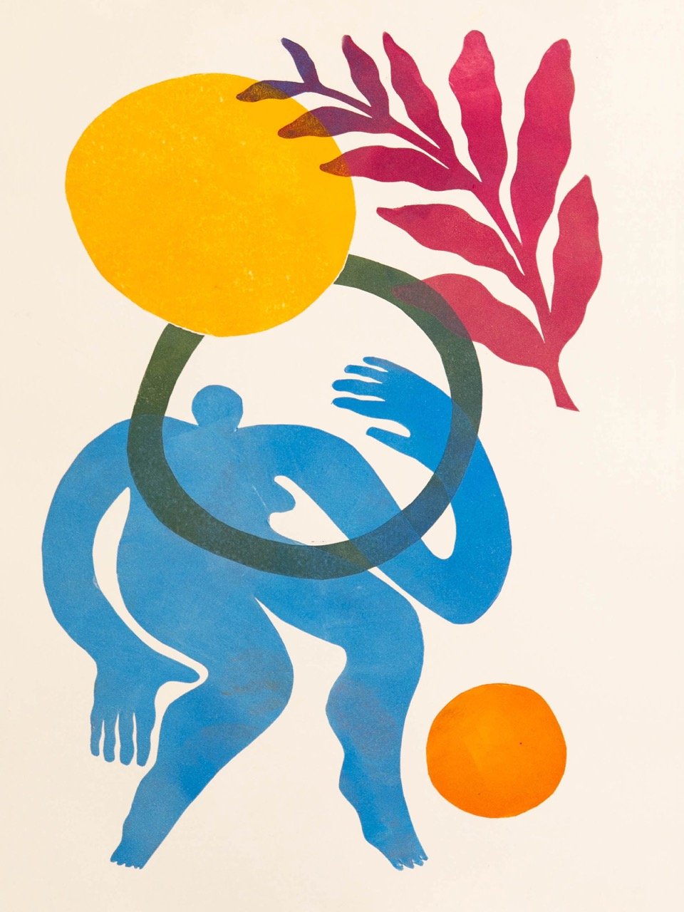 Print with blue figure surrounded by nature-inspired designs. Design is reminiscent of Keith Haring and Matisse designs.