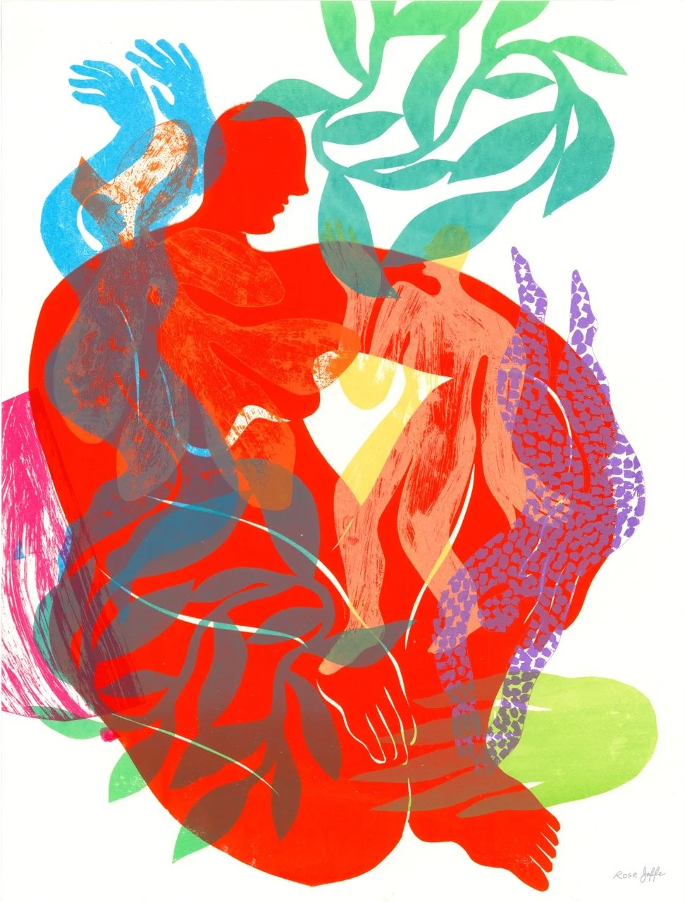 Red figure sitting surrounded by nature-inspired elements. Print is reminiscent of designs by Henri Matisse or Keith Haring.