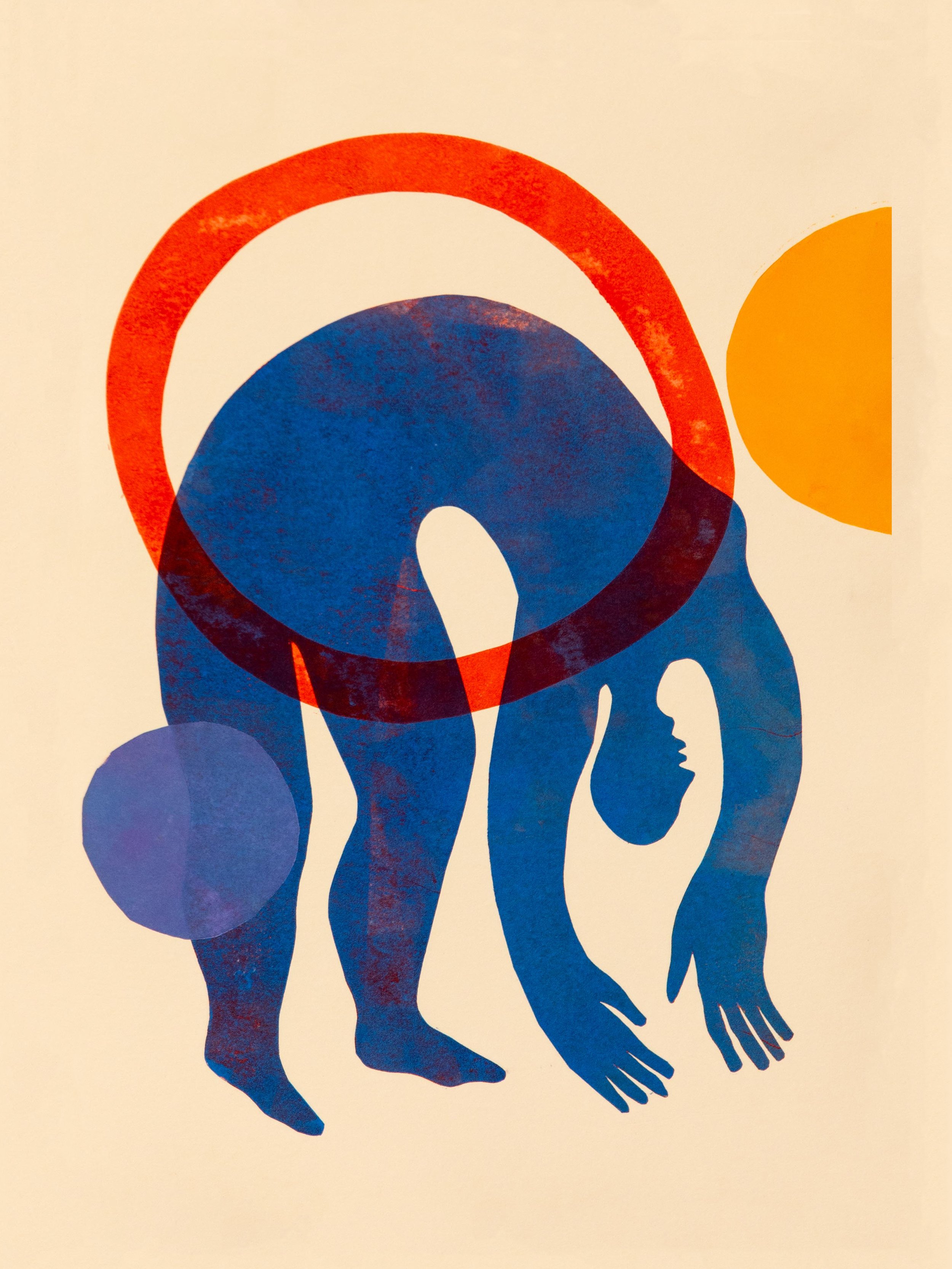 Blue figure with red and yellow shapes. Print resembles work by Keith Haring and Henri Matisse.