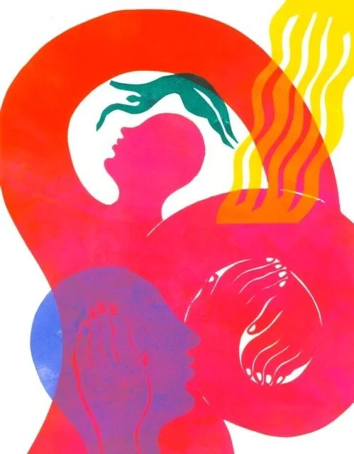 Artwork featuring a large red figure in the center surrounded by smaller colorful figures and shapes.