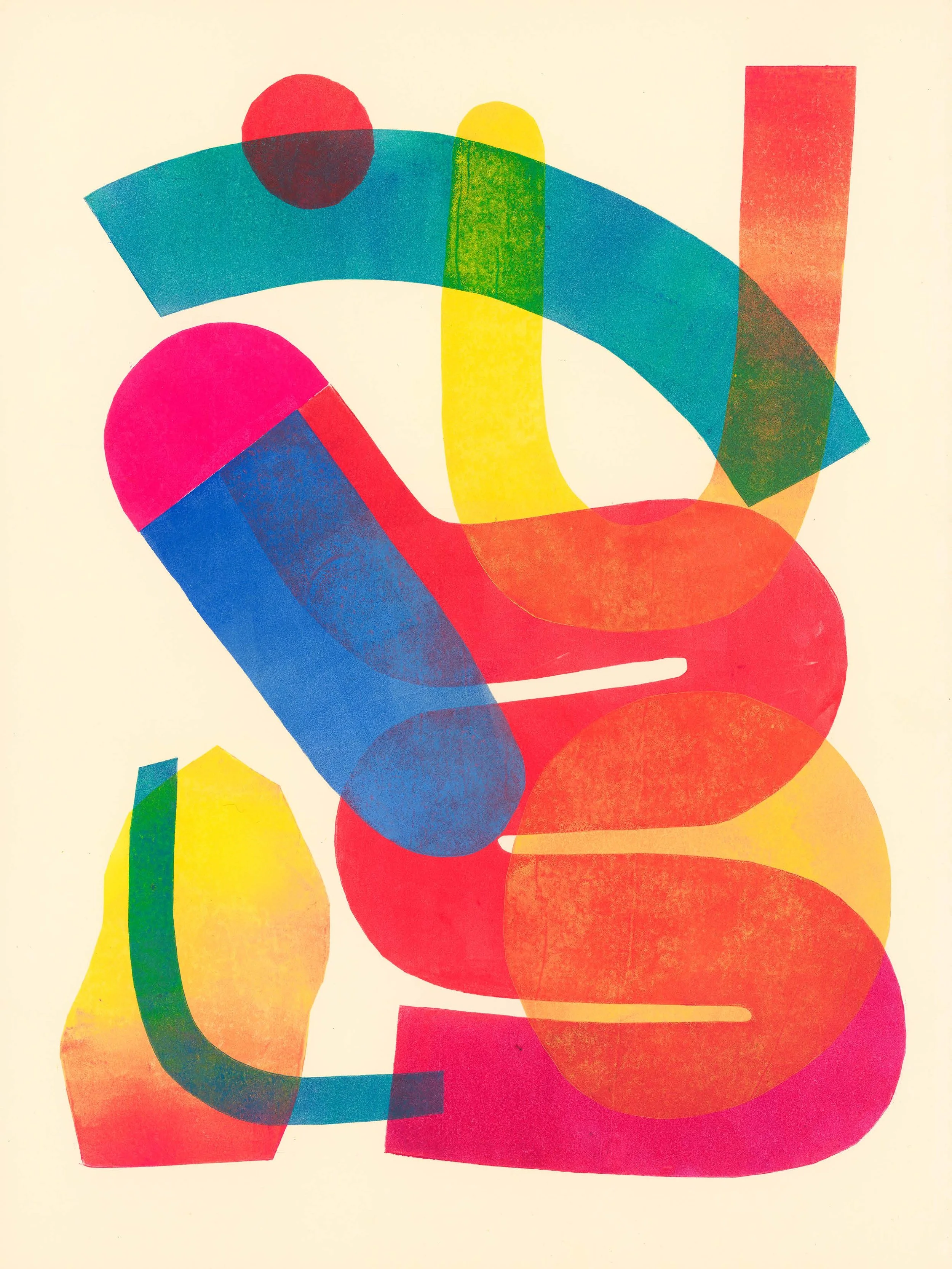 Bold print with overlapping shapes in bright colors.
