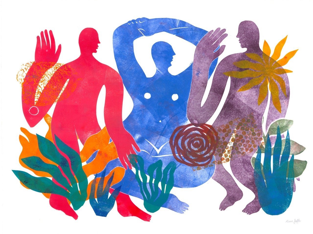 Print featuring vibrant red, blue, and purple figures sitting in a garden. Print is based off an original mono print.