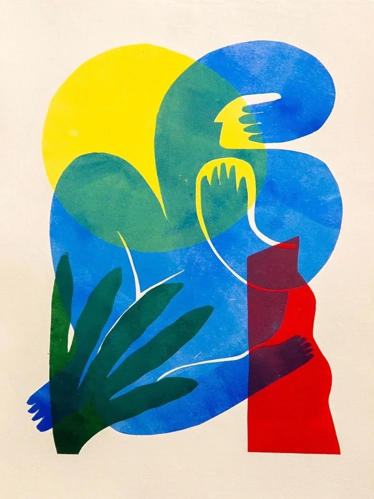 Artwork featuring bold blue figure surrounded by bold shapes. Artwork is reminiscent of work by Henri Matisse.