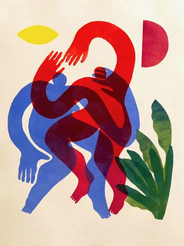 Artwork featuring red and blue overlapping figures. Artwork is reminiscent of designs by Keith Haring and Henri Matisse.