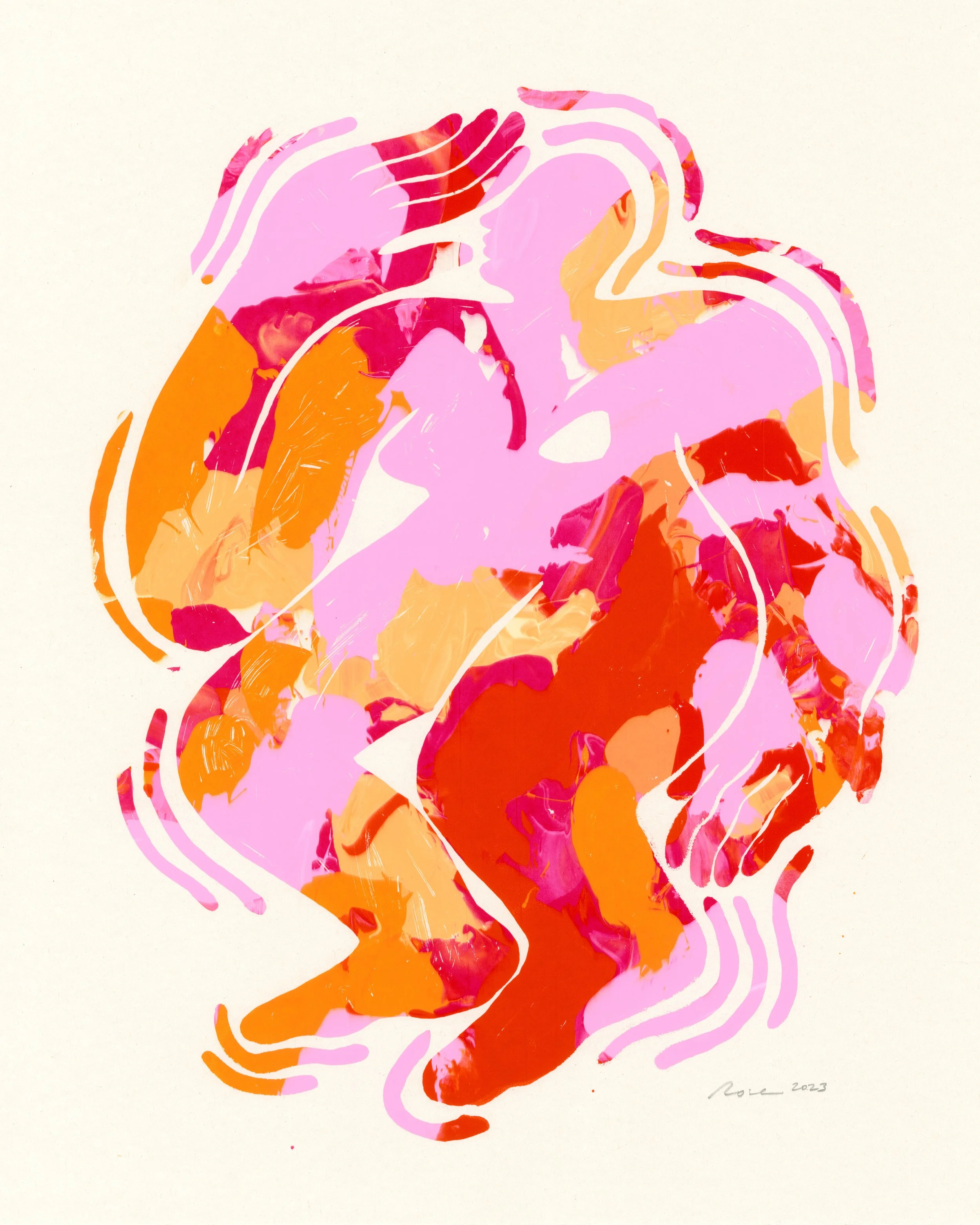 Artwork of human figure with pink, red, and orange colors. Bold lines surround the figure. Artwork is reminiscent of designs by Keith Haring.