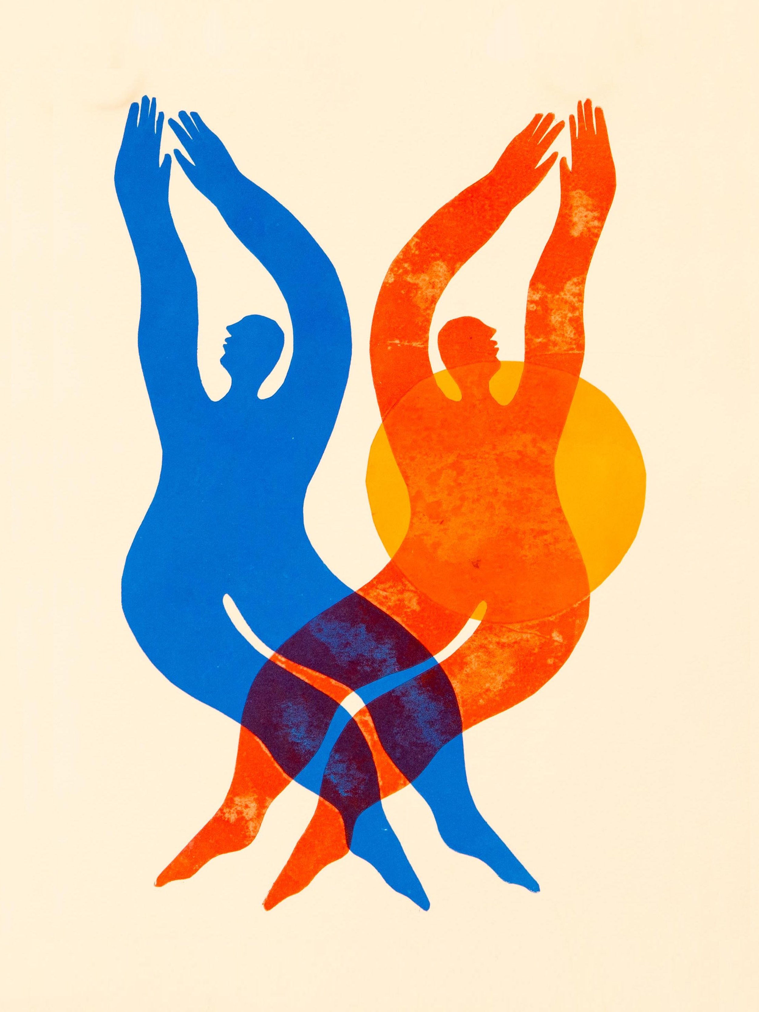 Blue and orange figures overlapping one another. Reminiscent of artwork by Henri Matisse.