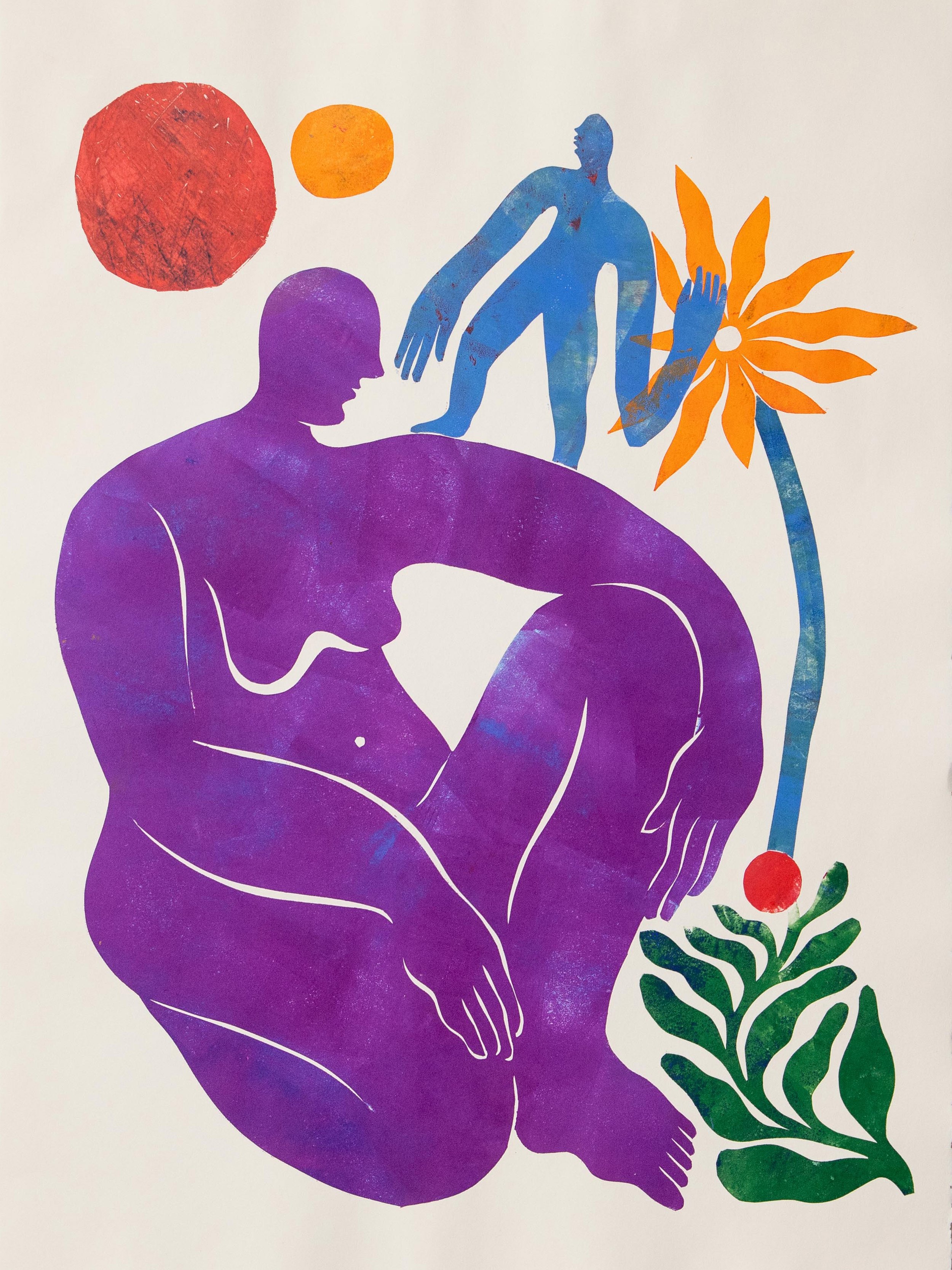 Vibrant art print featuring colorful forms surrounding a violet human figure reminiscent of Henri Matisse and Keith Haring.
