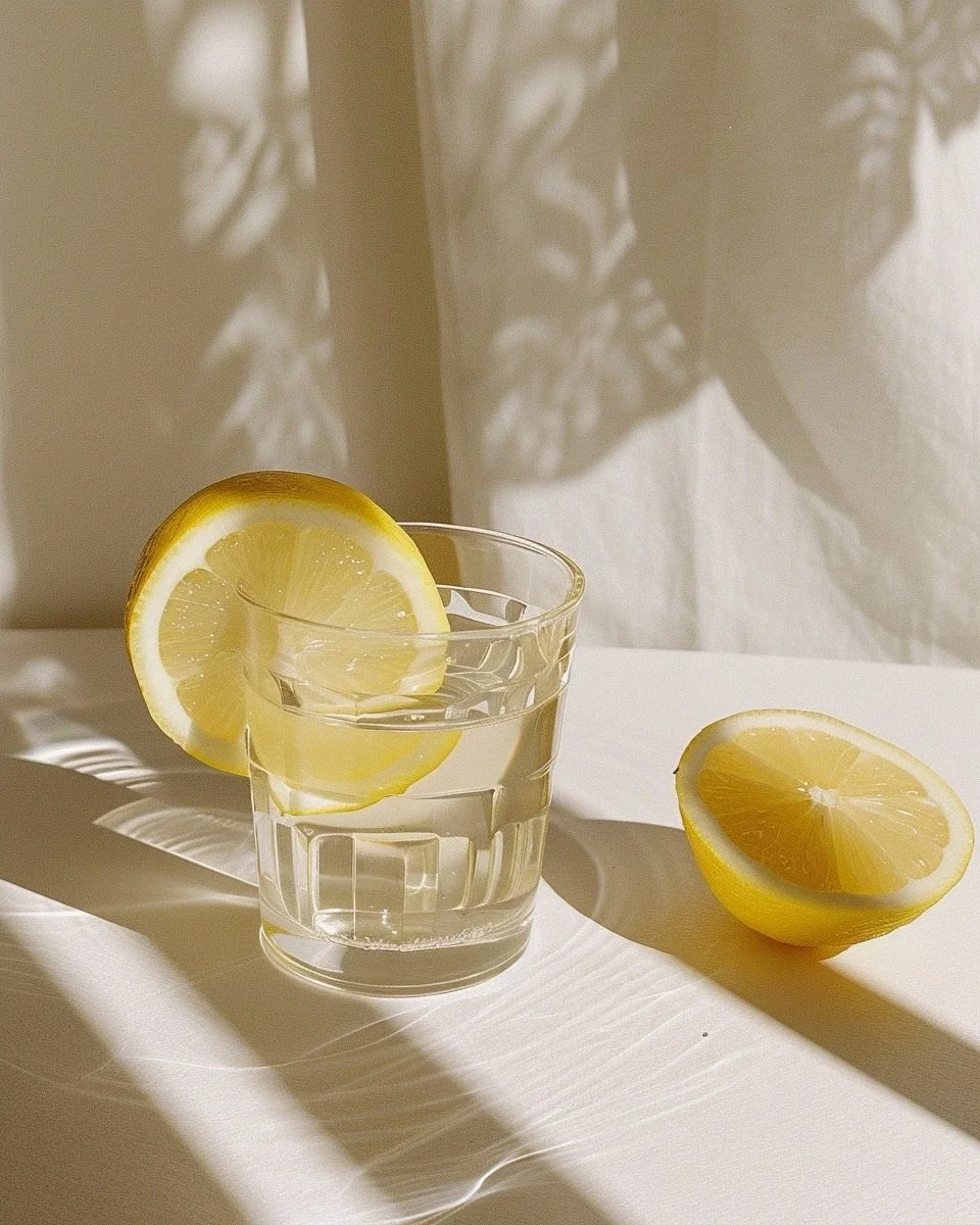 A glass of water with lemon slices, one lemon slice inside the glass and two lemon halves on a white surface, with shadows and light patterns cast by sunlight.
