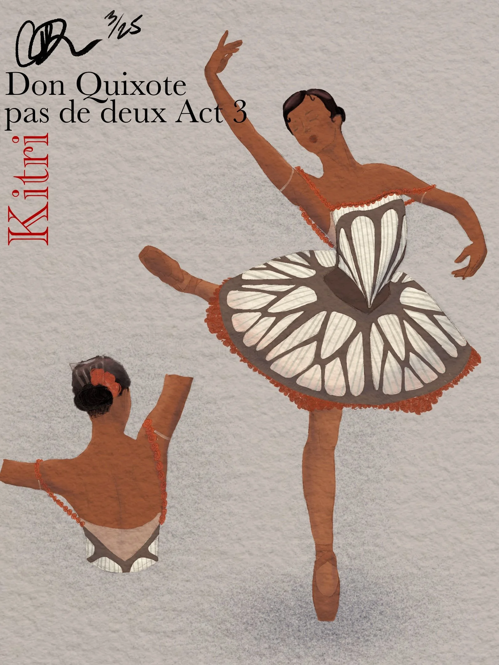 Two ballet dancers in butterfly costumes practicing ballet on stage.