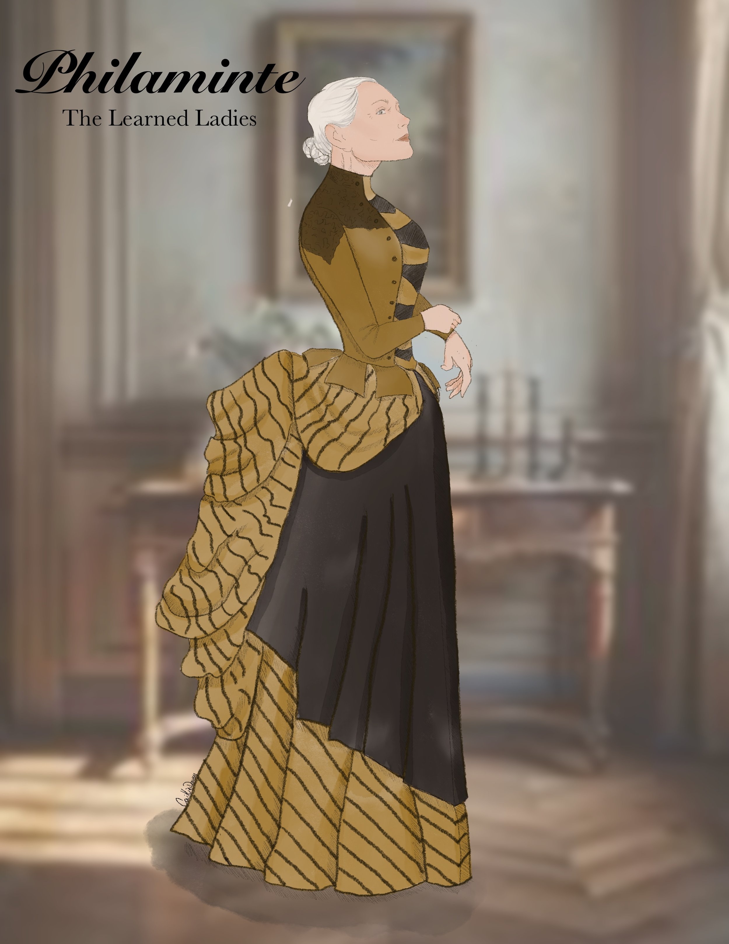 A digital illustration of a woman in historical attire, standing in a room with a blurred background of a mirror and curtains. The text appears to say 'Philaminte The Learned Ladies' in stylized font.