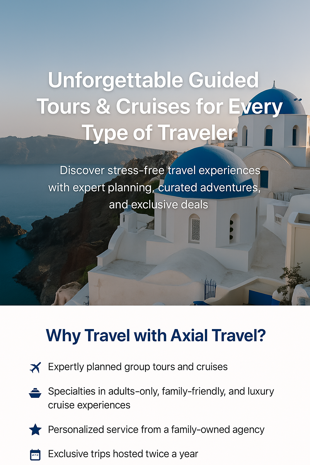 Scenic view of white buildings with blue domes on a cliffside overlooking the ocean in Santorini, Greece.