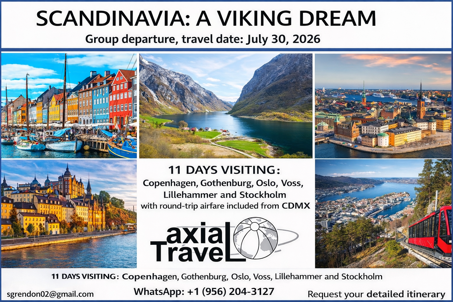 Travel advertisement for a Scandinavian tour featuring images of colorful Scandinavian cityscapes and landscapes, including Copenhagen, Gothenburg, Oslo, Voss, Lillehammer, and Stockholm, with travel details and company logo.