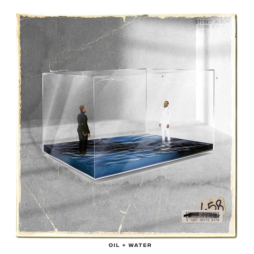 Two people stand in a transparent cube filled with water; one is dressed in black, the other in white. The background is a vintage, textured surface. Text reads 'OIL + WATER' at the bottom.