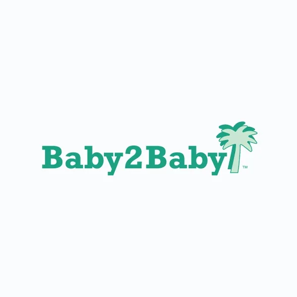 Baby2Baby logo with green text and a palm tree graphic.