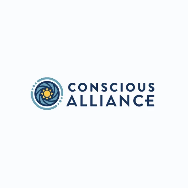 Logo of Conscious Alliance featuring a stylized circular emblem with a sun and abstract swirling patterns, next to the text 'Conscious Alliance' in blue.