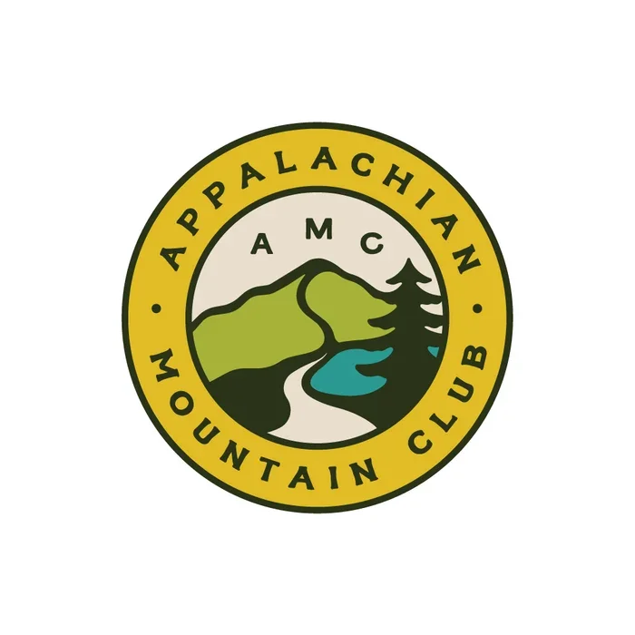 Logo for the Appalachian Mountain Club featuring a mountain, river, pine tree, and circular text.