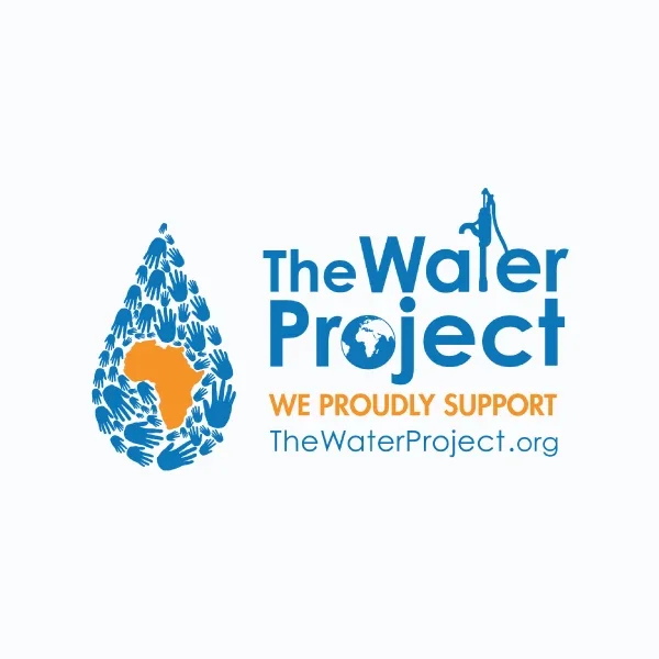 Logo for The Water Project includes a water droplet with blue handprints forming an outline of the African continent and the Earth inside the droplet. Text reads: 'The Water Project,' 'We Proudly Support,' and the website TheWaterProject.org.