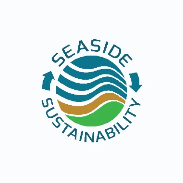 Logo with the words "SEASIDE SUSTAINABILITY" surrounding a stylized globe with blue, brown, and green waves.
