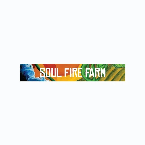Colorful banner with the text 'Soul Fire Farm' over a background of swirling water, sun, and green foliage.
