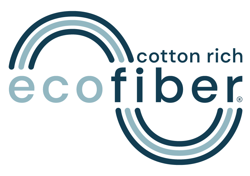 "Ecofiber cotton rich" logo with stylized blue arcs and blue text.