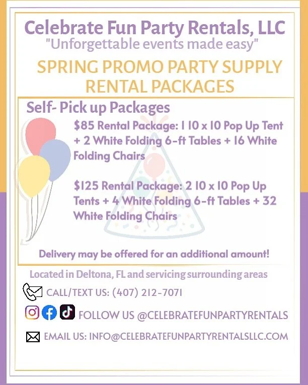 Need party rentals for your next event?
Looking for practical supplies to throw a Garden party, Mother’s Day celebration, Birthday party, Special occasions, etc. We’ve got you covered!
Now booking rentals in your area!
* ��10x10 White Ou