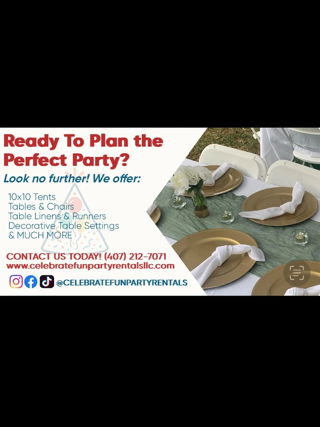 Looking to create unforgettable moments? Book your next party with Celebrate Fun Party Rentals, LLC and let us handle the fun!
Servicing Deltona, Fl and surrounding areas. 
From tents, chairs to table linens and decor we’ve got all your party